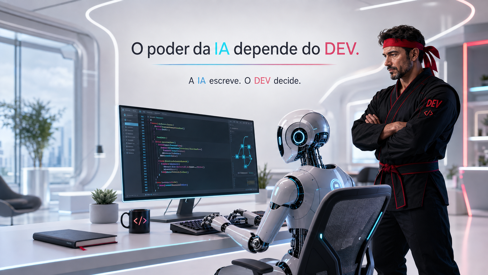 Robô programando ao lado de um desenvolvedor com faixa vermelha, supervisionando o código